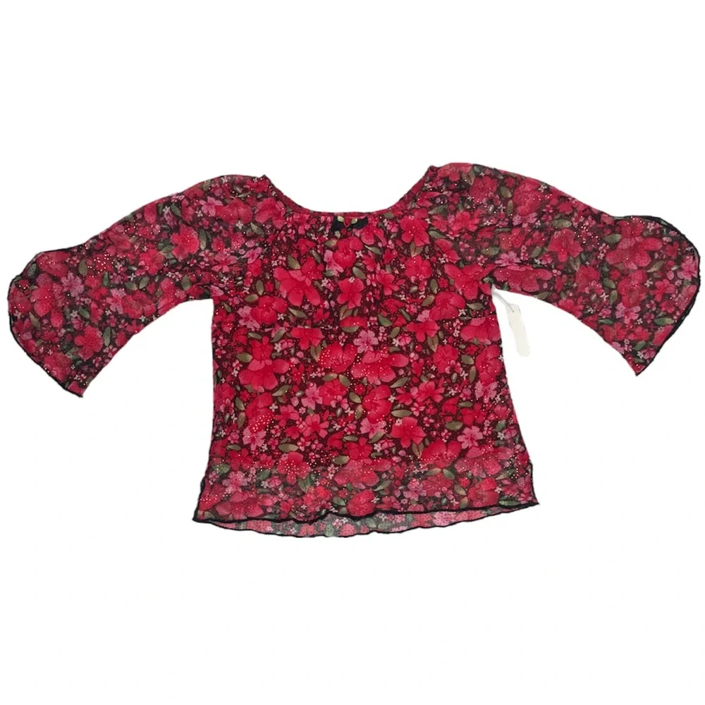 Girls Dress Set Sparkling Floral Glitter Red 2 pc Skirt & Blouse Dressy Outfit